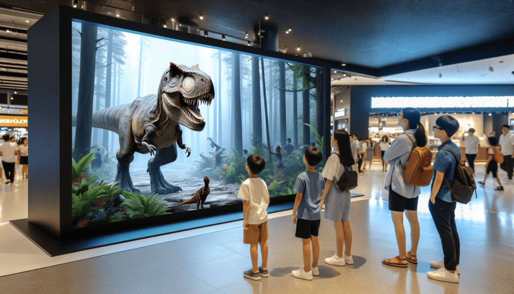 3D Bildschirm mit AS3D Technik, wie ein Dino aus dem Bildschirm zu steigen scheint