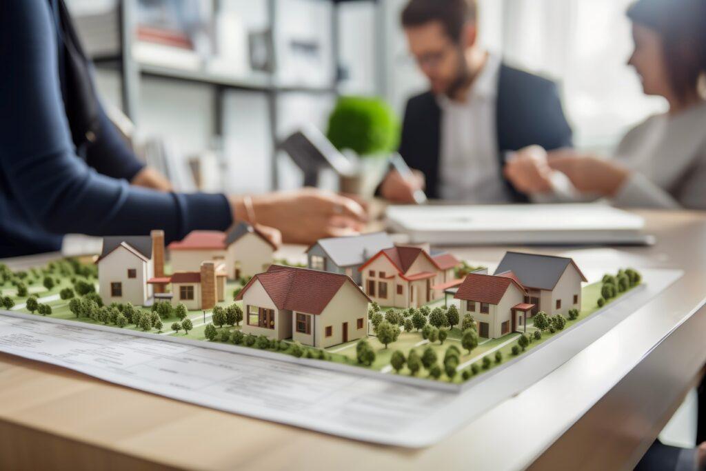 Immobilienfachleute diskutieren über ein Mustergutachten, während sie sich um ein detailliertes Modell eines Wohngebietes mit mehreren Häusern und Begrünung versammeln, welches auf einem Tisch ausgestellt ist