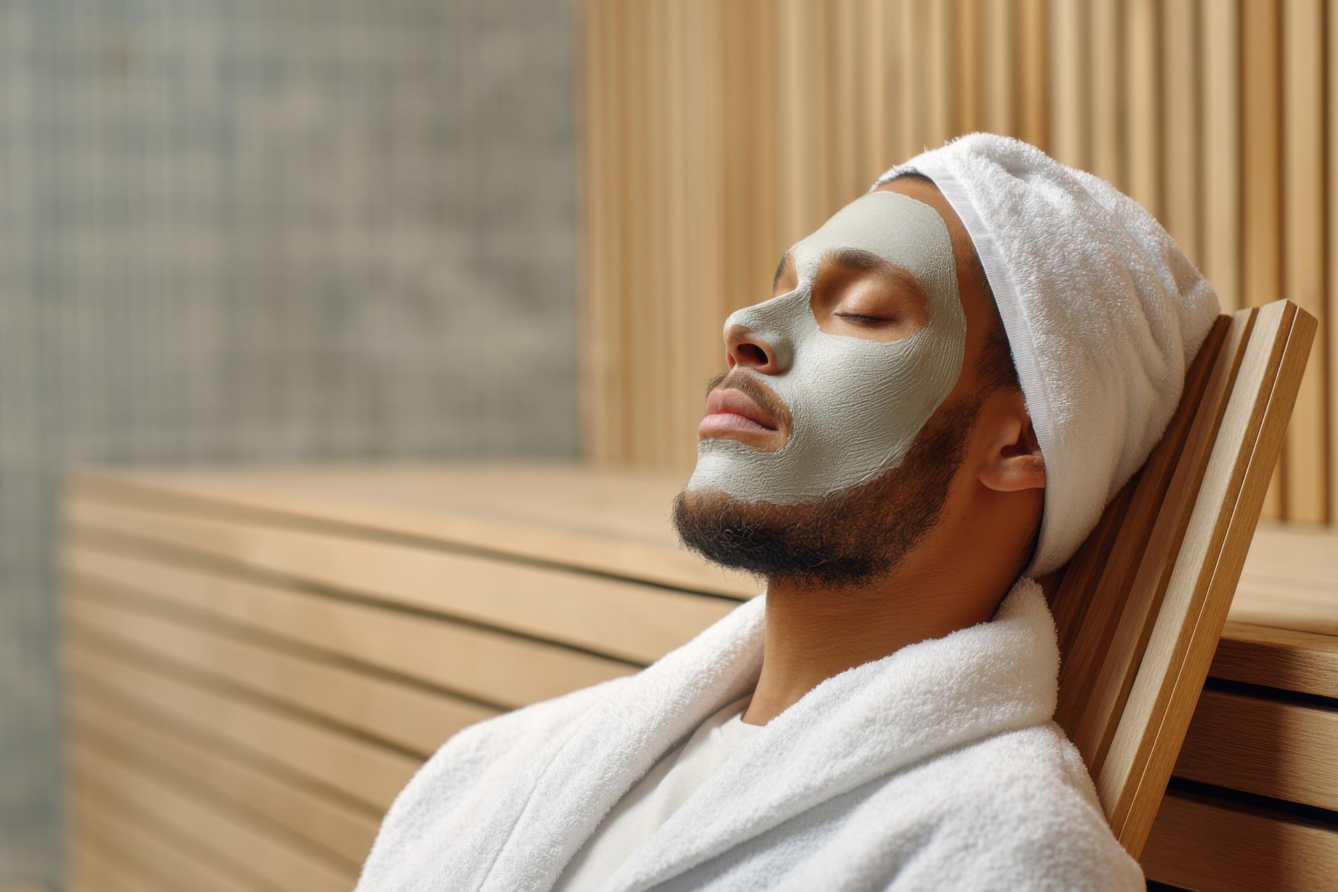 Entspannter Mann mit Maske in der Sauna | Berlin Escort

