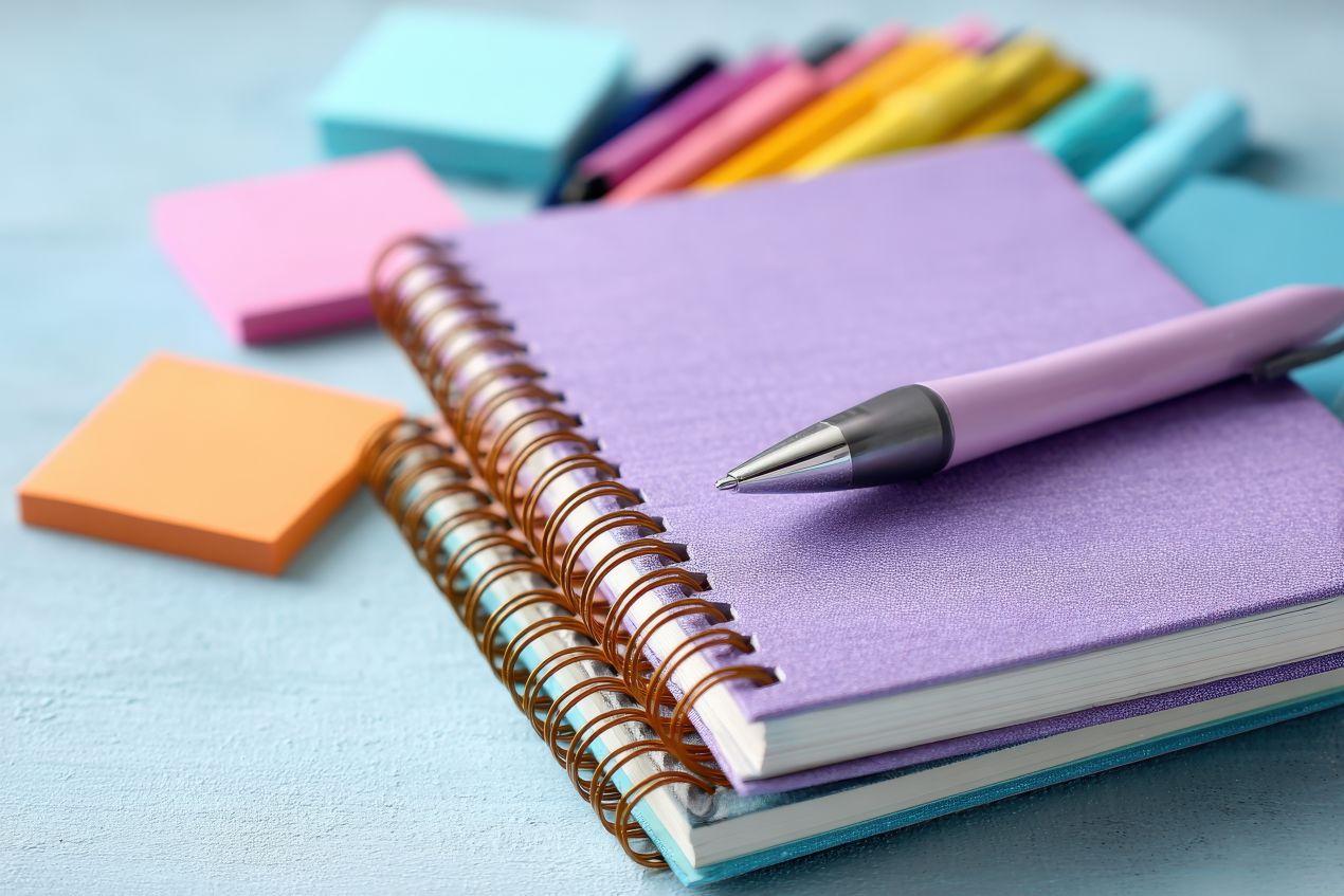 Notizblöcke mit Spiralbindung und Stift auf Schreibtisch – Beispiel über gebrandete Werbemittel beim Blöcke bedrucken lassen
