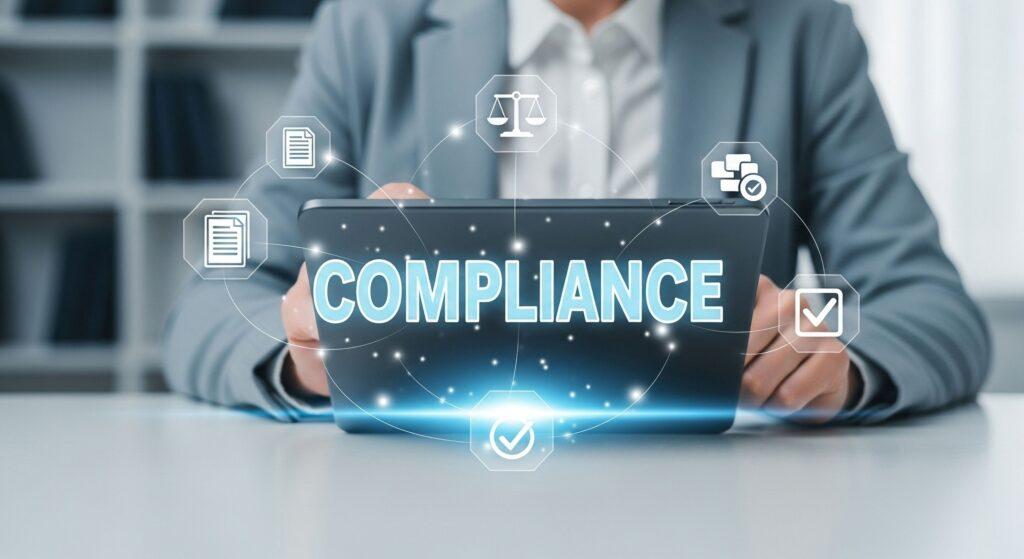 Produktsicherheitsrecht: Geschäftsperson mit Tablet, auf dem das Wort „Compliance“ und rechtliche Symbole dargestellt sind