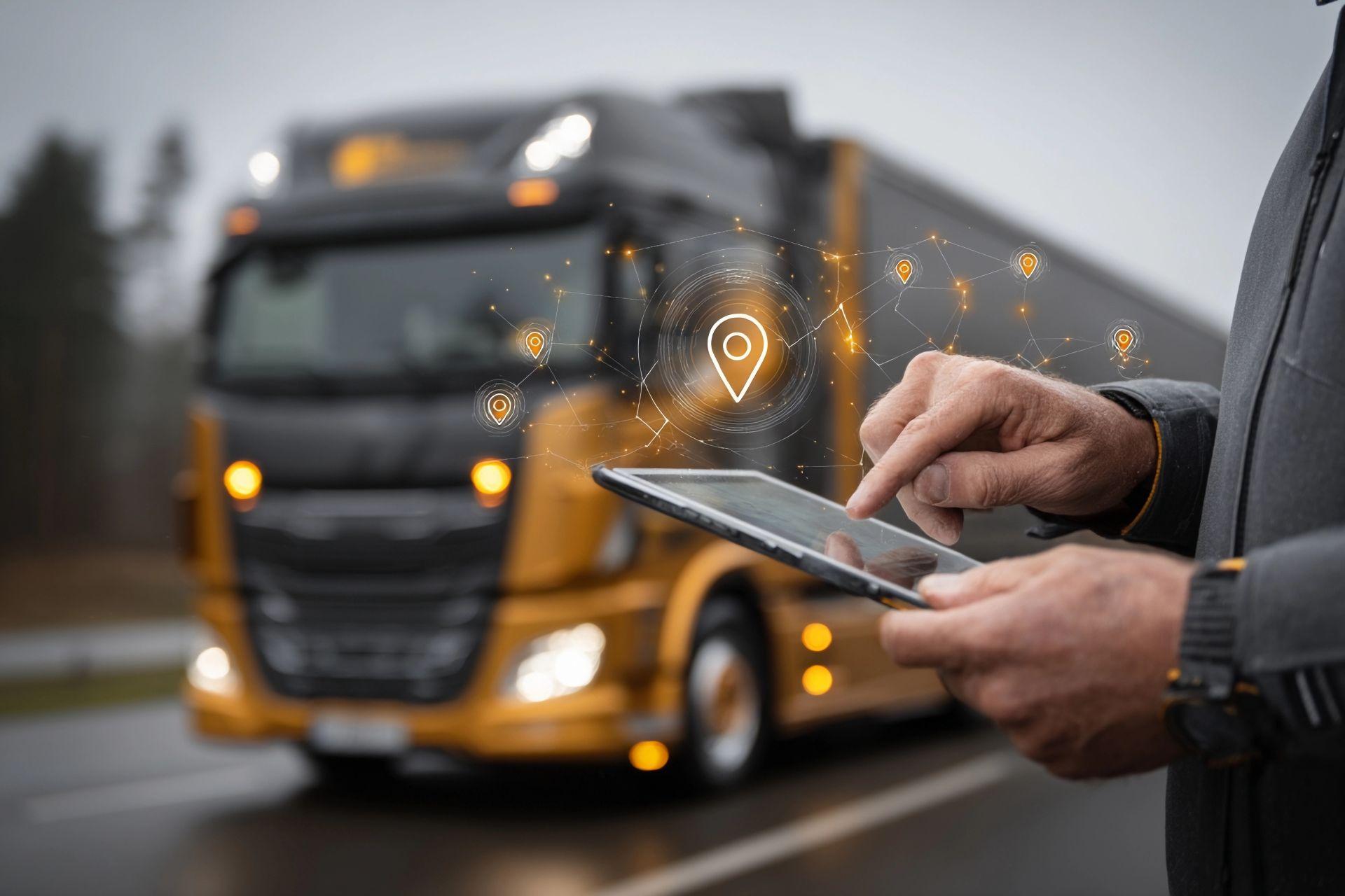 Person haelt Tablet mit GPS Symbolen vor einem LKW, mobile Datenerfassung und Fahrerkarte auslesen im Strassentransport