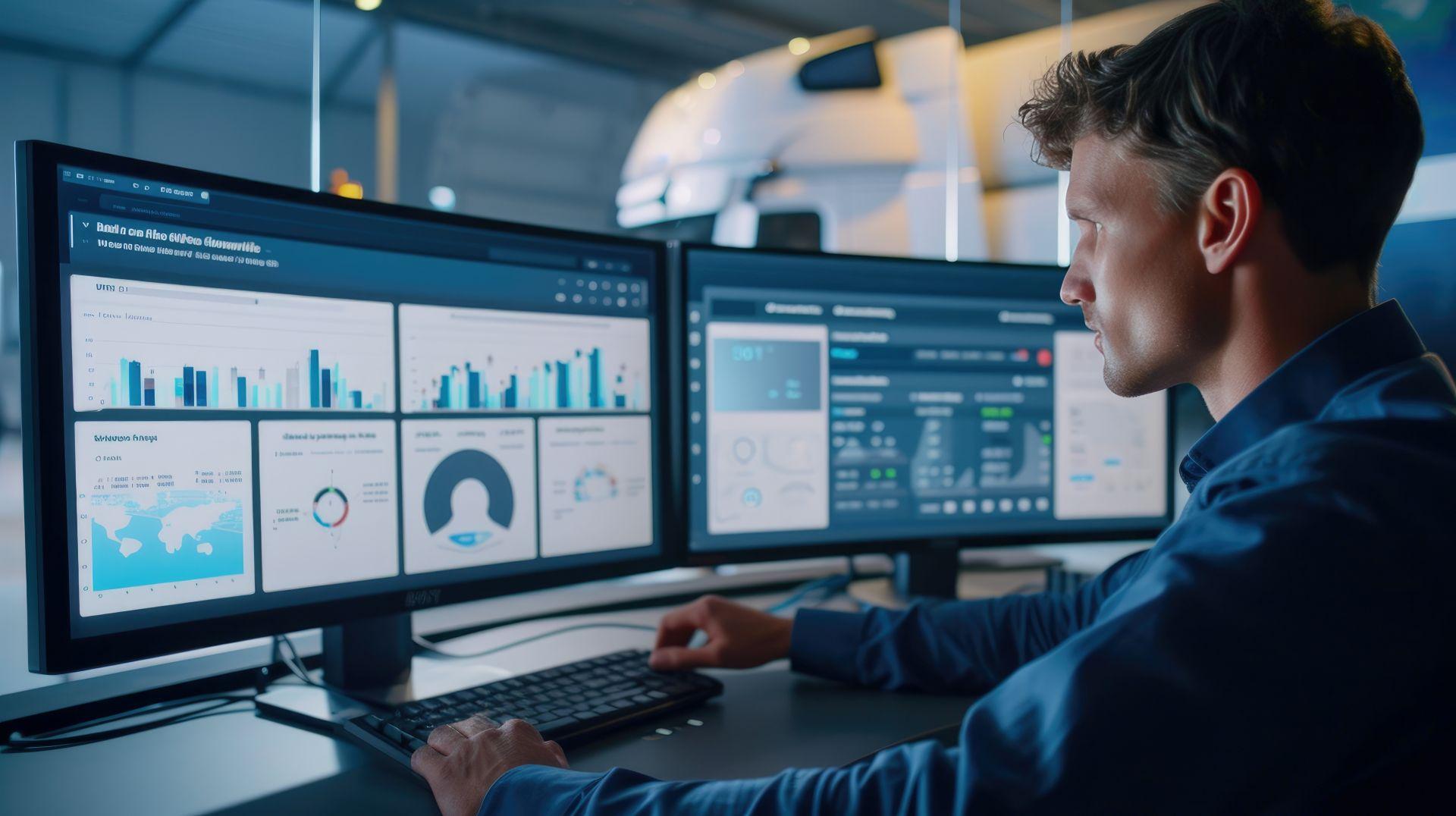 Flottenmanager analysiert Daten auf Monitoren mit digitalen Dashboards im Buero, Fahrerkarte auslesen und Ueberwachung der Vorschriften