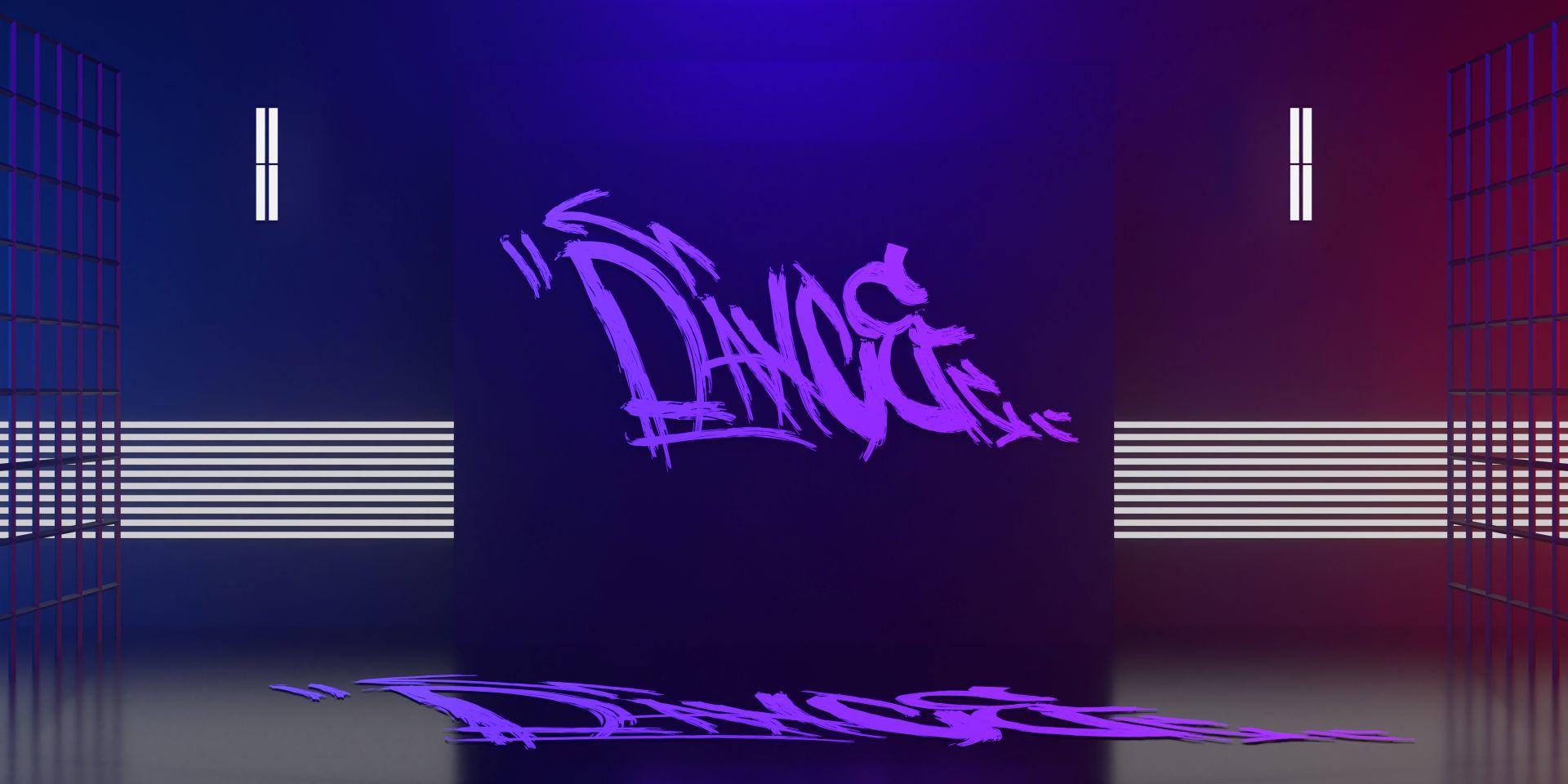 Urbaner innenraum mit leuchtendem graffiti schriftzug dance als beispiel fuer modernen graffiti auftrag im business design