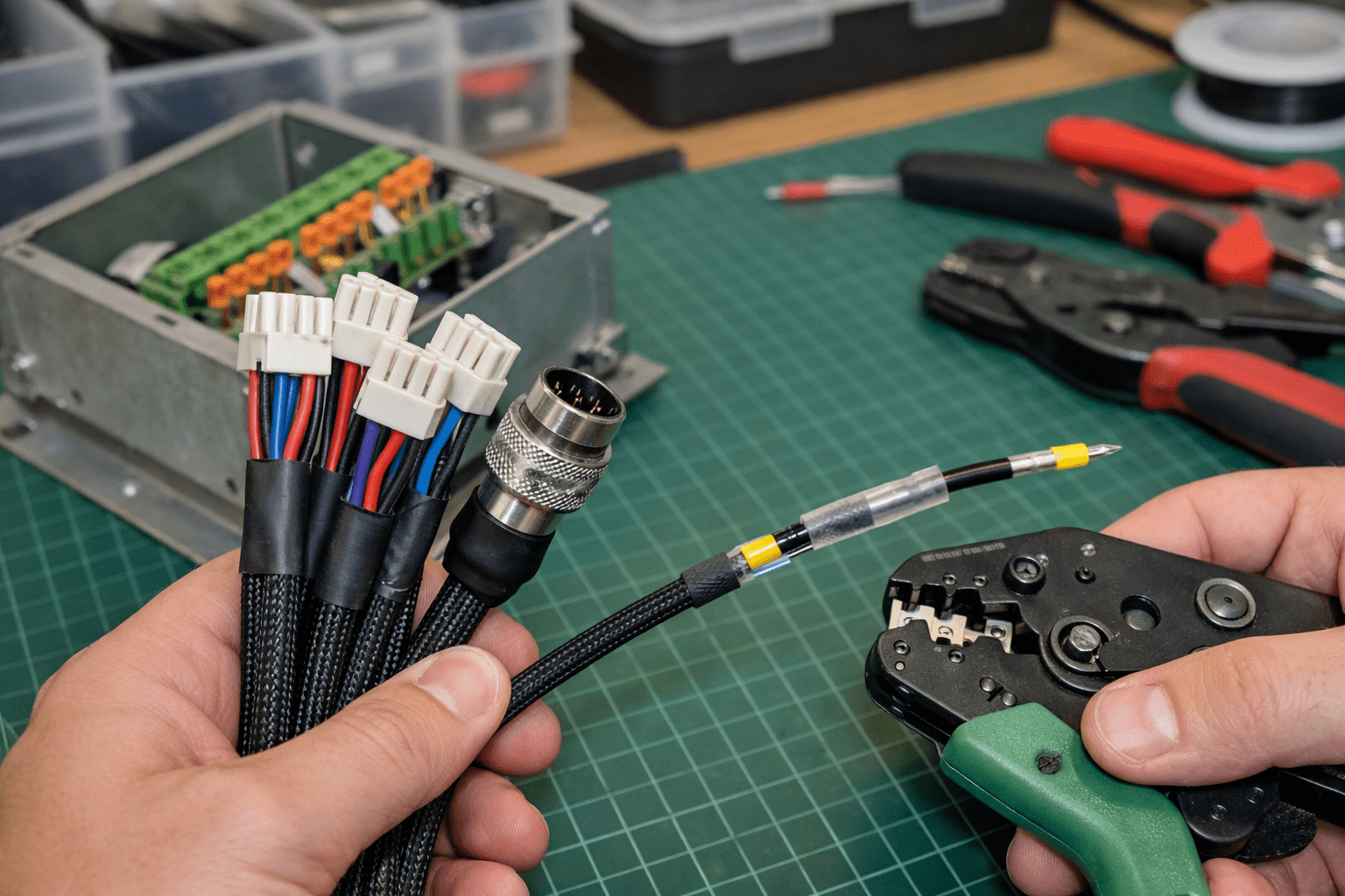 kabelkonfektionierung und zange in händen